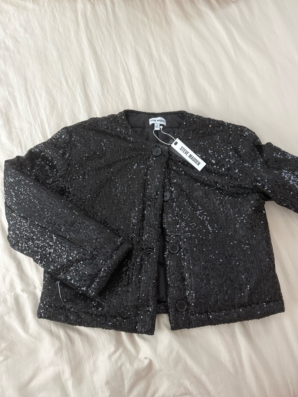 Steve Madden Women’s Cropped Black Sequin Blazer Jacket